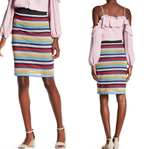 New Parker Elastic Waist Knit Striped Pencil Skirt Multicolor Rainbow Medium - Picture 1 of 13